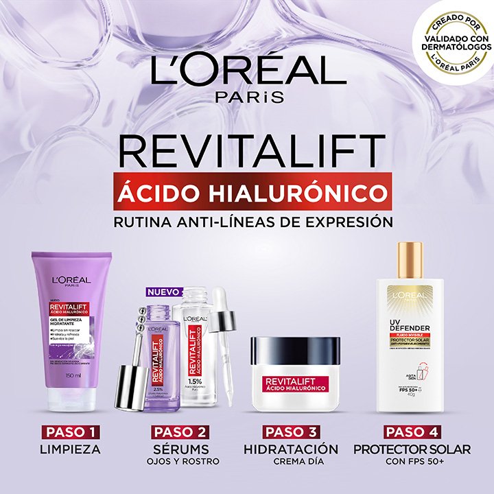 Rutina hidratante y anti líneas de expresión revitalift ácido hialurónico de loreal paris